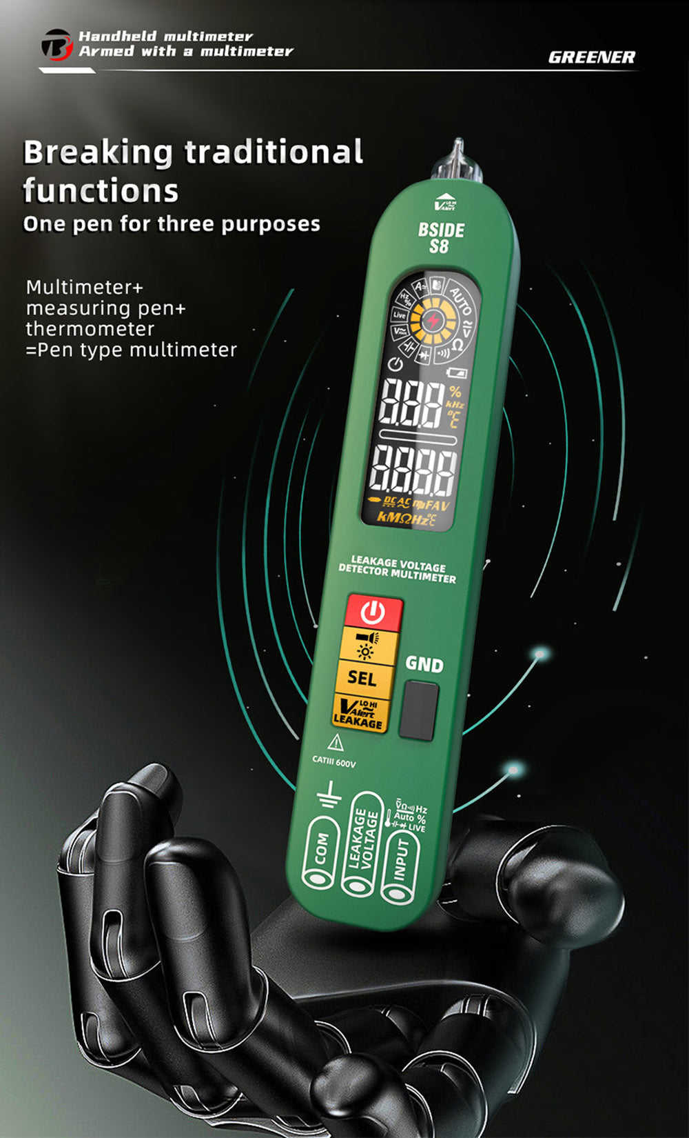BSIDE S8 Digital Multimeter, Pen Type, Intelligent Voltage Detector, No Contact Meter, EBTN Display, AC DC Diode Tester Current Tool - Green
