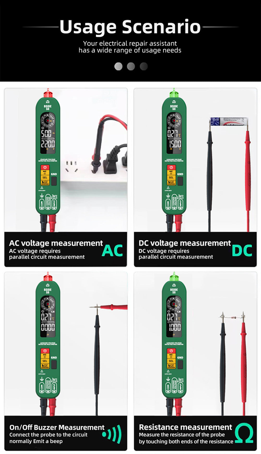 BSIDE S8 Digital Multimeter, Pen Type, Intelligent Voltage Detector, No Contact Meter, EBTN Display, AC DC Diode Tester Current Tool - Green