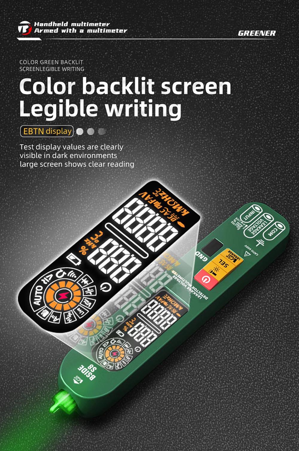 BSIDE S8 Digital Multimeter, Pen Type, Intelligent Voltage Detector, No Contact Meter, EBTN Display, AC DC Diode Tester Current Tool - Green