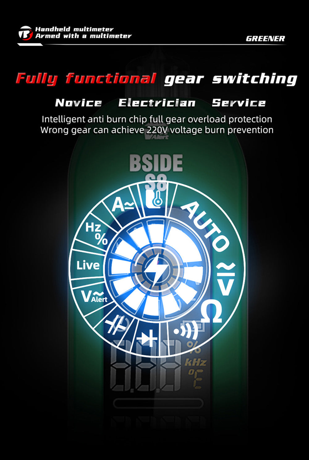 BSIDE S8 Digital Multimeter, Pen Type, Intelligent Voltage Detector, No Contact Meter, EBTN Display, AC DC Diode Tester Current Tool - Green