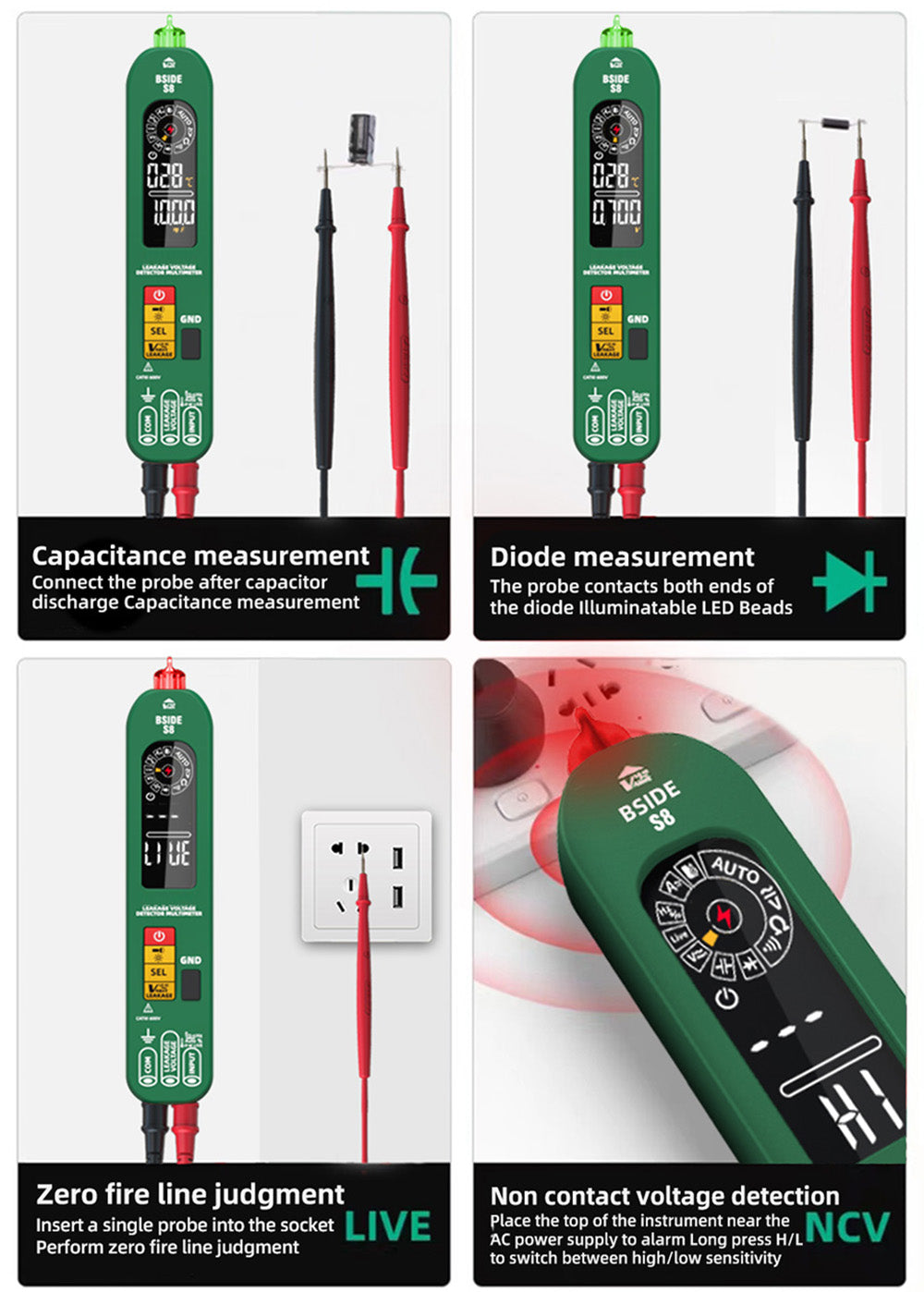 BSIDE S8 Digital Multimeter, Pen Type, Intelligent Voltage Detector, No Contact Meter, EBTN Display, AC DC Diode Tester Current Tool - Green