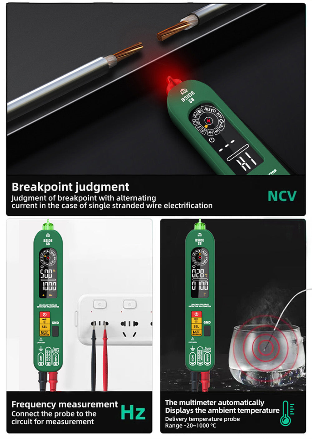 BSIDE S8 Digital Multimeter, Pen Type, Intelligent Voltage Detector, No Contact Meter, EBTN Display, AC DC Diode Tester Current Tool - Green