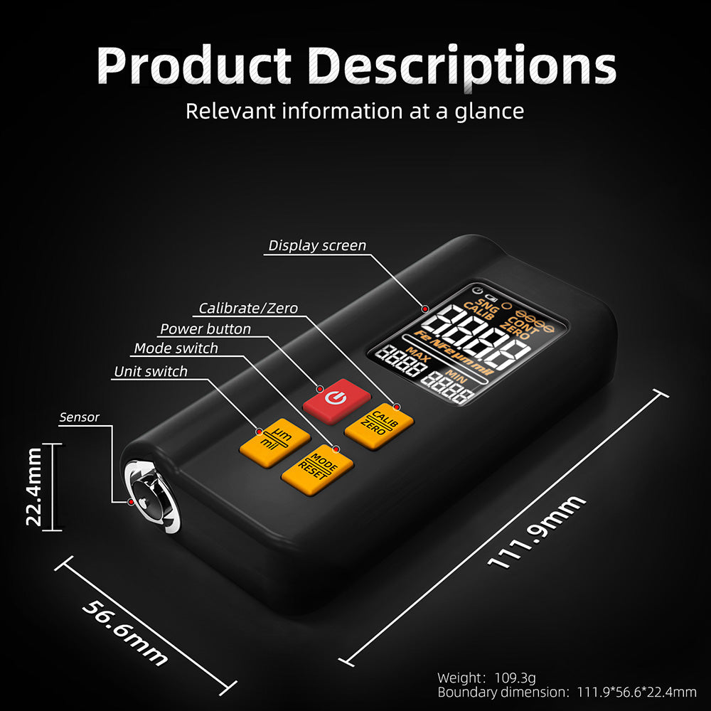 BSIDE T2X Coating Thickness Gauge, Color LCD Screen, Rechargeable Automotive Paint Film Thickness Tester, 0.1 Micrometer/0-1500μm - Black