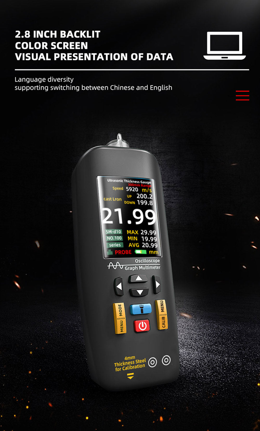 BSIDE T7 Ultrasonic Thickness Gauge, 0.01-300mm Measuring Range, 2.8inch TFT Color Screen, with Flashlight Function, 2000mA Lithium Battery, Grey