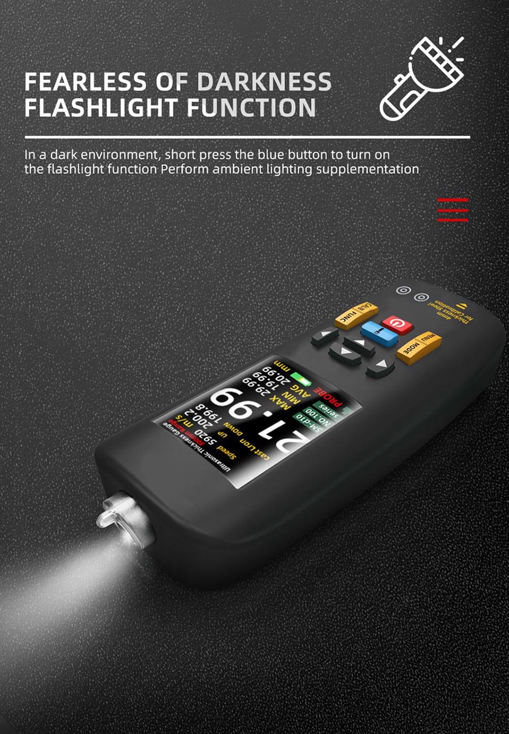 BSIDE T7 Ultrasonic Thickness Gauge, 0.01-300mm Measuring Range, 2.8inch TFT Color Screen, with Flashlight Function, 2000mA Lithium Battery, Grey