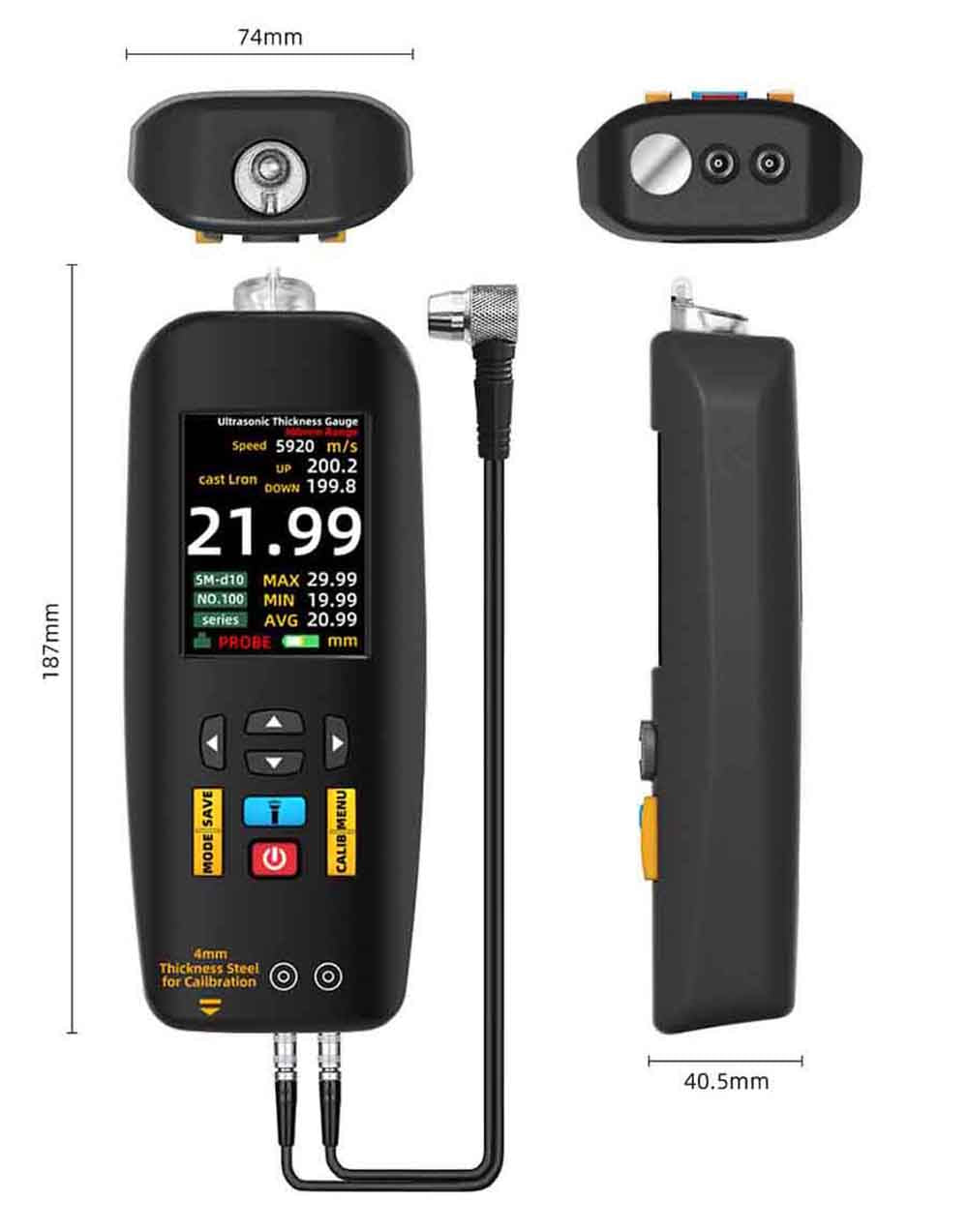 BSIDE T7 Ultrasonic Thickness Gauge, 0.01-300mm Measuring Range, 2.8inch TFT Color Screen, with Flashlight Function, 2000mA Lithium Battery, Grey