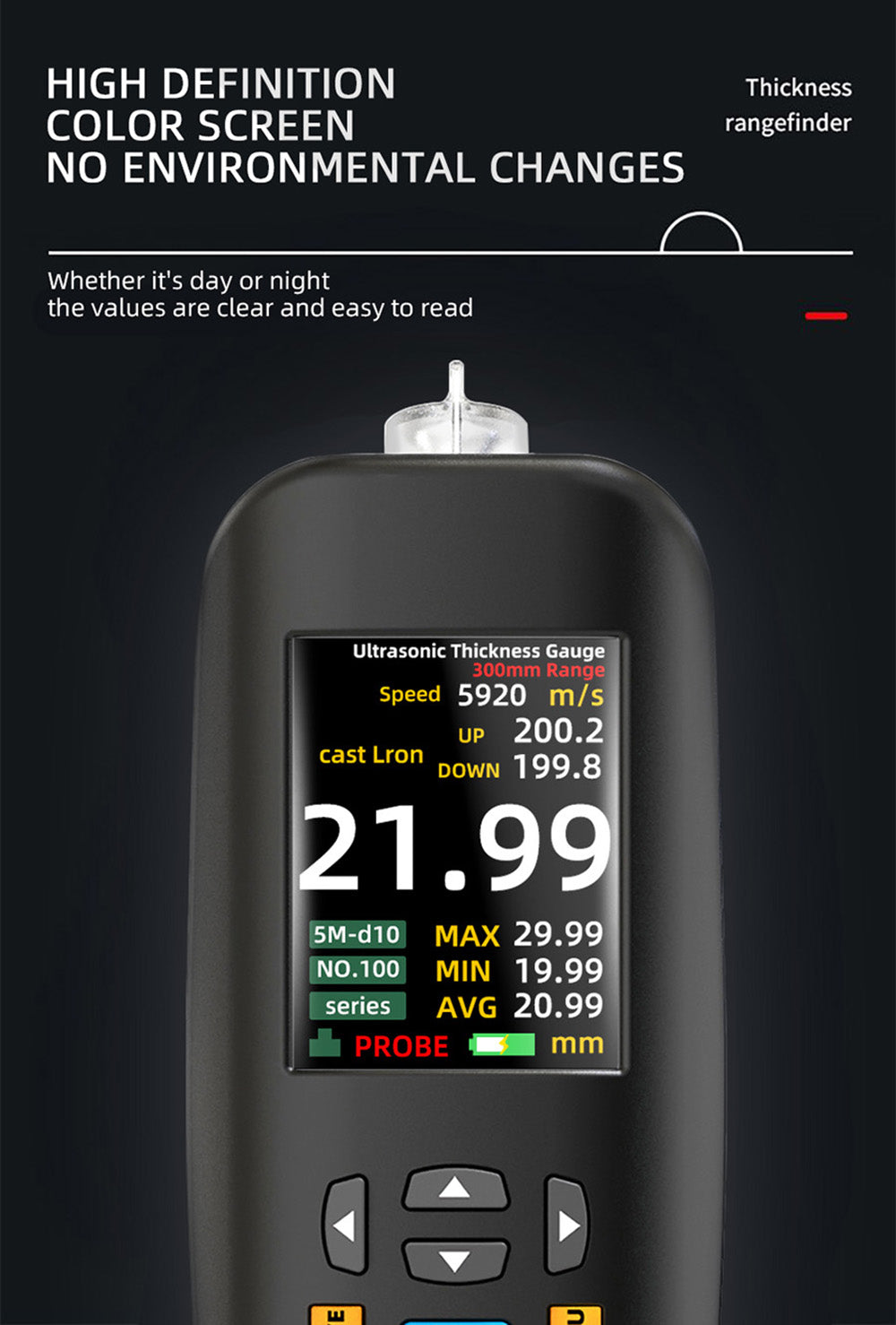BSIDE T7 Ultrasonic Thickness Gauge, 0.01-300mm Measuring Range, 2.8inch TFT Color Screen, with Flashlight Function, 2000mA Lithium Battery, Grey