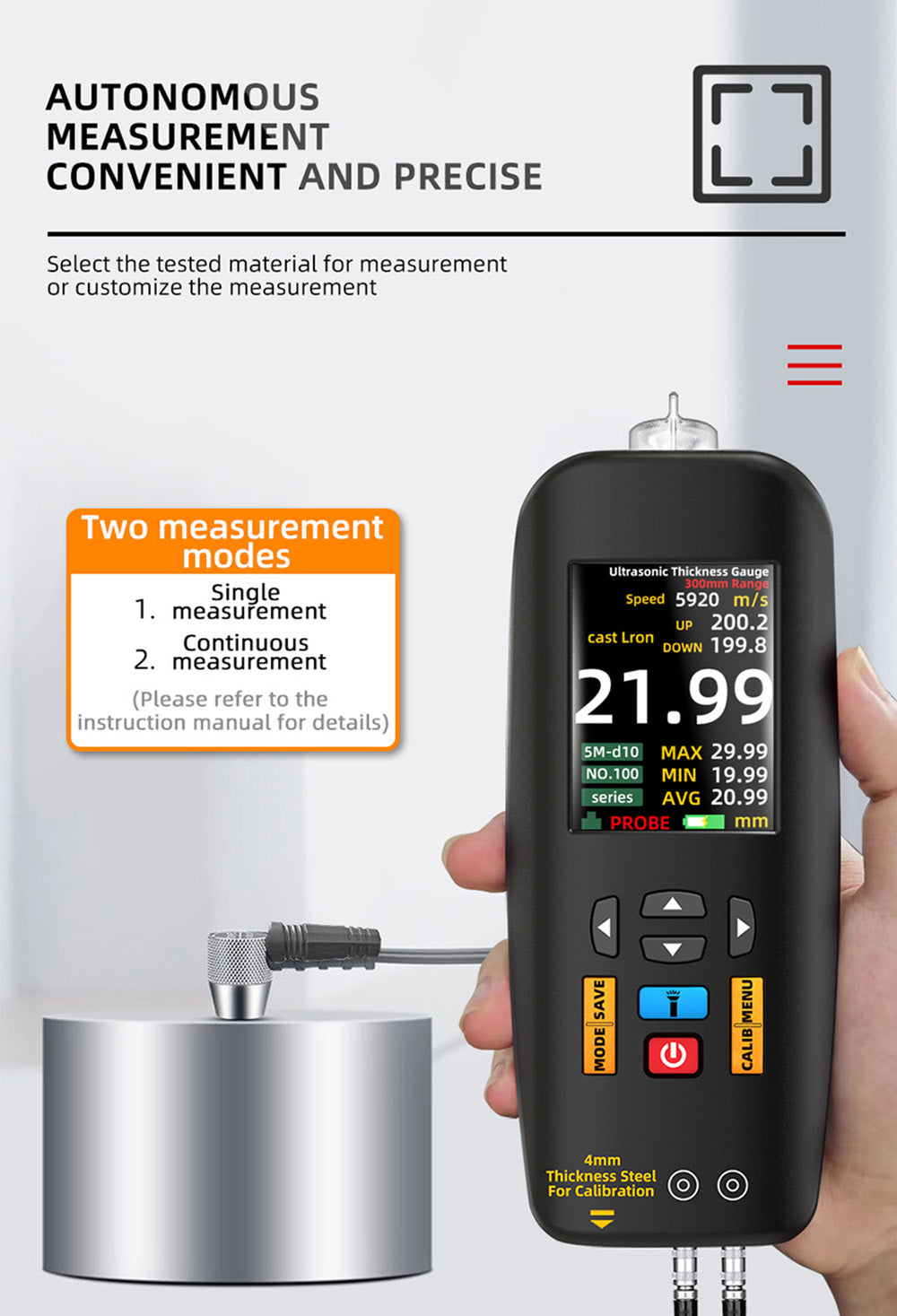 BSIDE T7 Ultrasonic Thickness Gauge, 0.01-300mm Measuring Range, 2.8inch TFT Color Screen, with Flashlight Function, 2000mA Lithium Battery, Grey