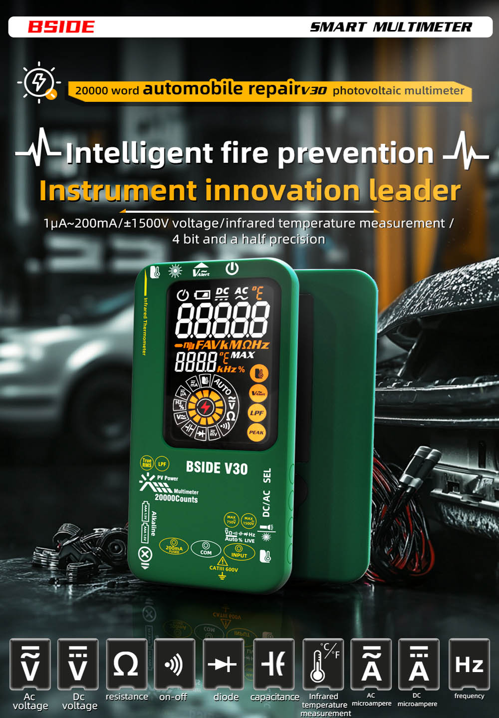 BSIDE V30 Photovoltaic Multimeter, High Voltage 1500V, T-RMS, 20000 Counts, LCD Screen, Electronic Maintenance, DC Current Test, Infrared Temperature Measurement