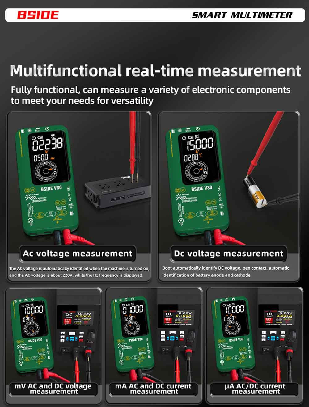 BSIDE V30 Photovoltaic Multimeter, High Voltage 1500V, T-RMS, 20000 Counts, LCD Screen, Electronic Maintenance, DC Current Test, Infrared Temperature Measurement