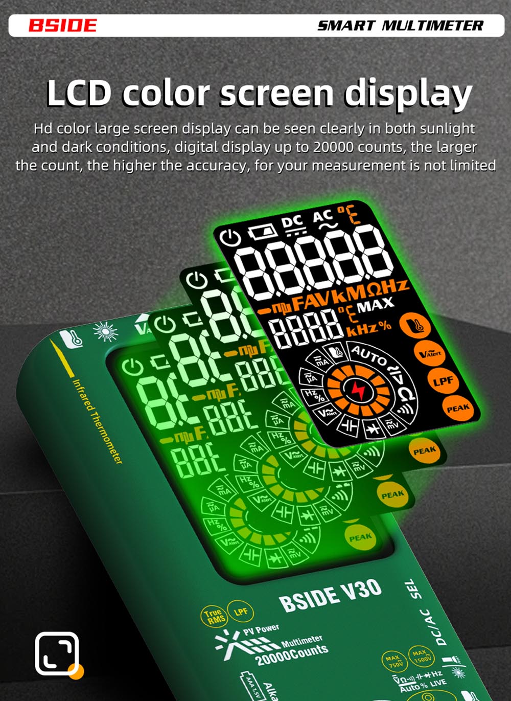 BSIDE V30 Photovoltaic Multimeter, High Voltage 1500V, T-RMS, 20000 Counts, LCD Screen, Electronic Maintenance, DC Current Test, Infrared Temperature Measurement