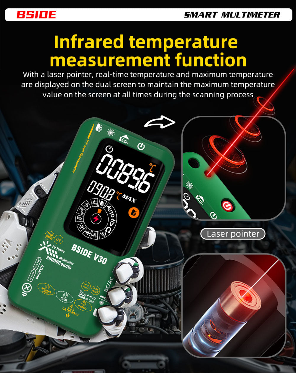 BSIDE V30 Photovoltaic Multimeter, High Voltage 1500V, T-RMS, 20000 Counts, LCD Screen, Electronic Maintenance, DC Current Test, Infrared Temperature Measurement