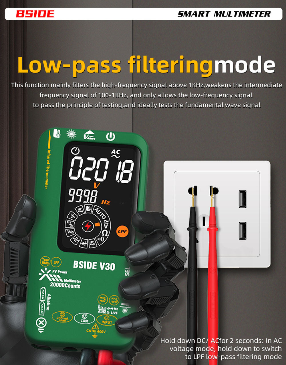 BSIDE V30 Photovoltaic Multimeter, High Voltage 1500V, T-RMS, 20000 Counts, LCD Screen, Electronic Maintenance, DC Current Test, Infrared Temperature Measurement