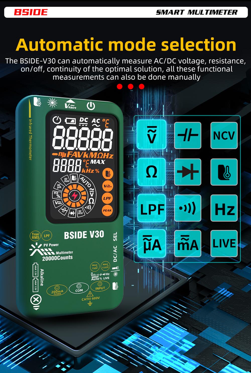 BSIDE V30 Photovoltaic Multimeter, High Voltage 1500V, T-RMS, 20000 Counts, LCD Screen, Electronic Maintenance, DC Current Test, Infrared Temperature Measurement