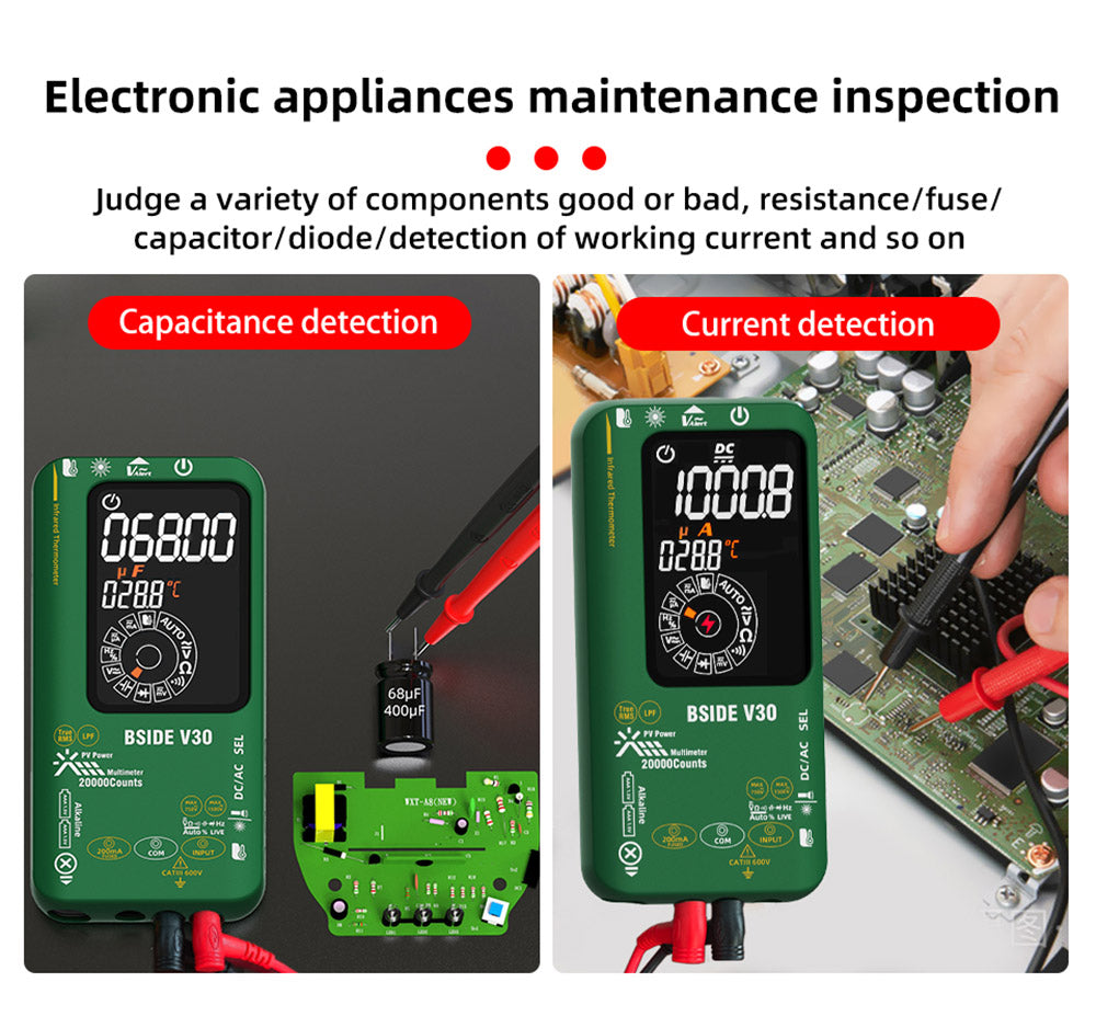 BSIDE V30 Photovoltaic Multimeter, High Voltage 1500V, T-RMS, 20000 Counts, LCD Screen, Electronic Maintenance, DC Current Test, Infrared Temperature Measurement