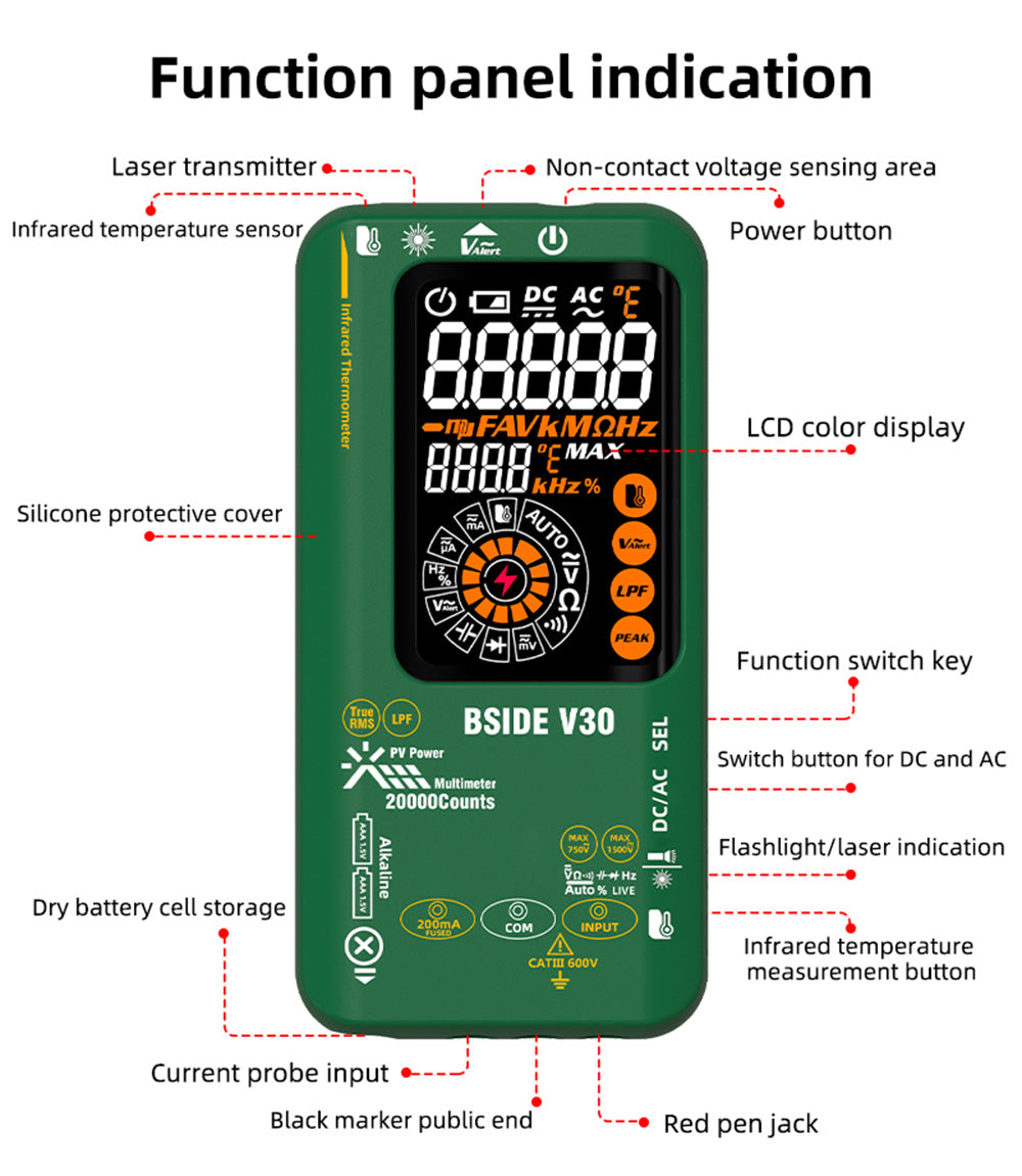 BSIDE V30 Photovoltaic Multimeter, High Voltage 1500V, T-RMS, 20000 Counts, LCD Screen, Electronic Maintenance, DC Current Test, Infrared Temperature Measurement
