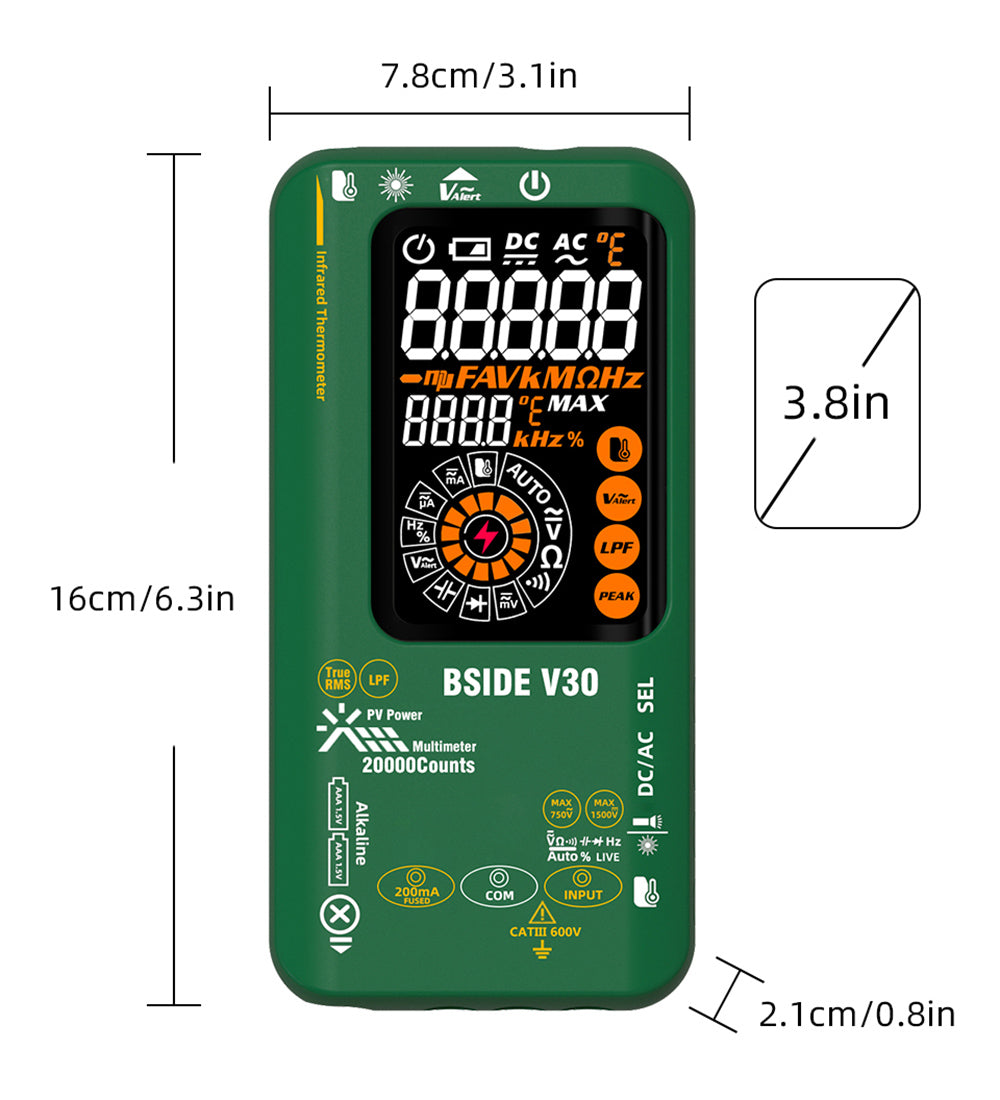 BSIDE V30 Photovoltaic Multimeter, High Voltage 1500V, T-RMS, 20000 Counts, LCD Screen, Electronic Maintenance, DC Current Test, Infrared Temperature Measurement