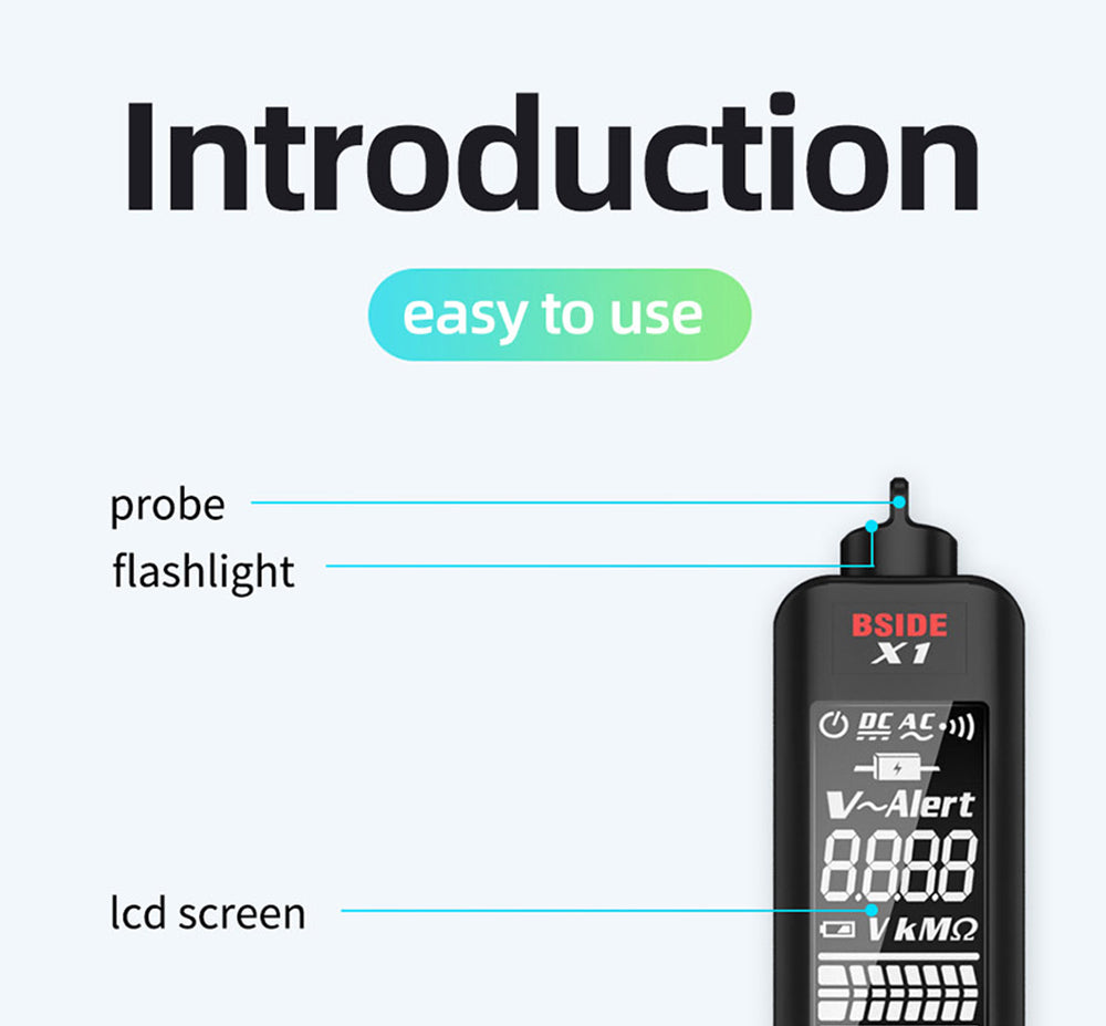 BSIDE X1 Intelligent Voltage Detector Tester, Multimeter, Electric Pen, Break Point Checking, Large LCD Screen, Flashlight, Live Wire Hz Ohm NCV Meter, No Batteries
