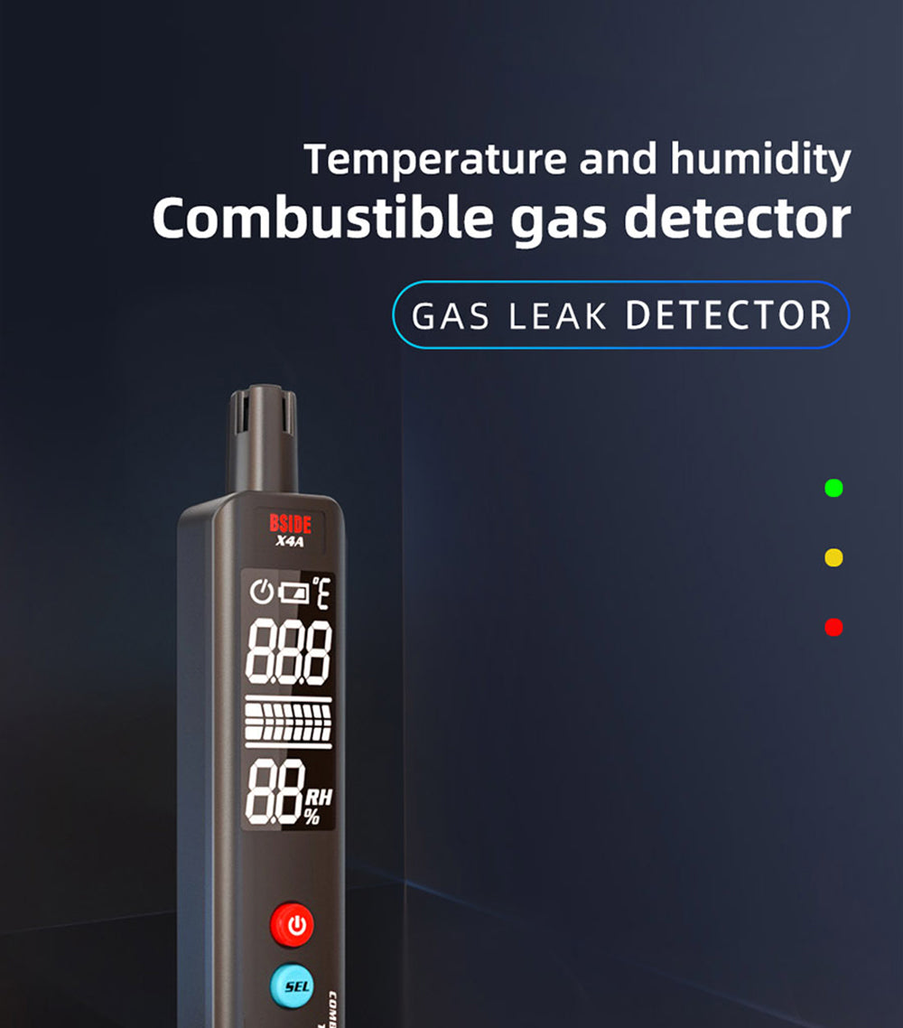 BSIDE X4A Digital Hygrometer Gas Detector, Combustible Gas Analyzer, Temperature and Humidity Tester, with Audible and Visual Alarm, LCD Display, No Batteries, with Bag