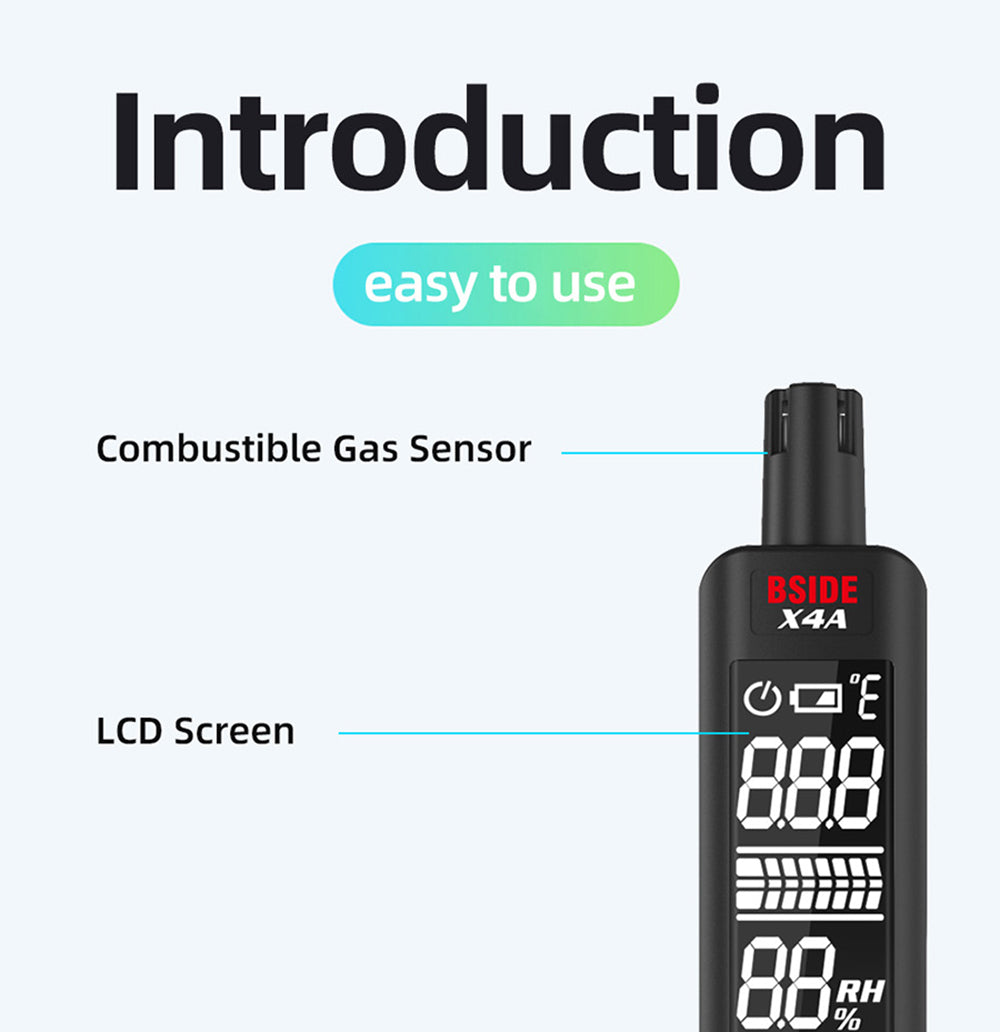 BSIDE X4A Digital Hygrometer Gas Detector, Combustible Gas Analyzer, Temperature and Humidity Tester, with Audible and Visual Alarm, LCD Display, No Batteries, with Bag