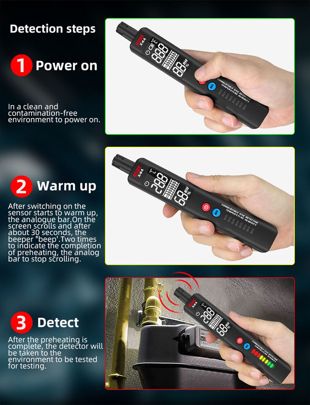 BSIDE X4A Digital Hygrometer Gas Detector, Combustible Gas Analyzer, Temperature and Humidity Tester, with Audible and Visual Alarm, LCD Display, No Batteries, with Bag
