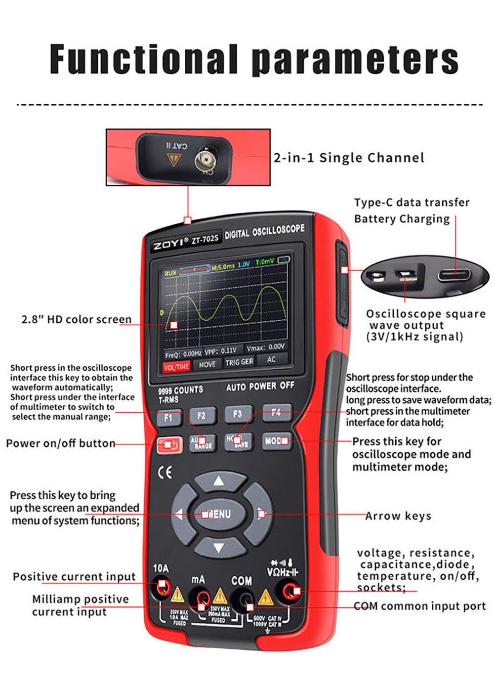 BSIDE ZT702S Digital Multimeter, Oscilloscope, Auto True RMS, Transistor Probe Meter, 48M/s 10MHz PC Waveform, 2.8inch LCD Screen