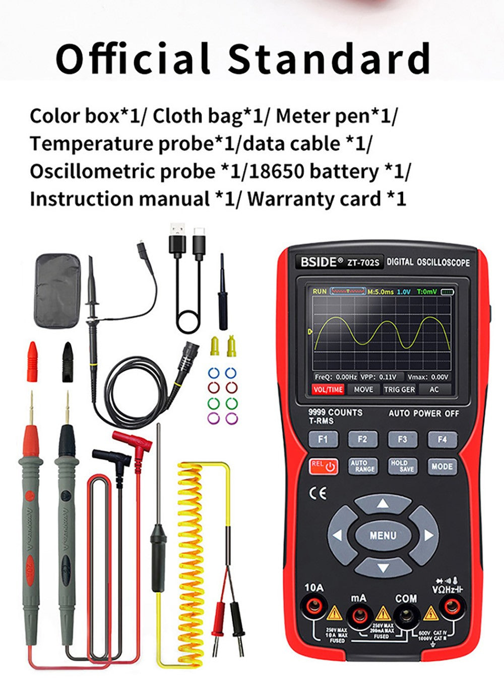 BSIDE ZT702S Digital Multimeter, Oscilloscope, Auto True RMS, Transistor Probe Meter, 48M/s 10MHz PC Waveform, 2.8inch LCD Screen