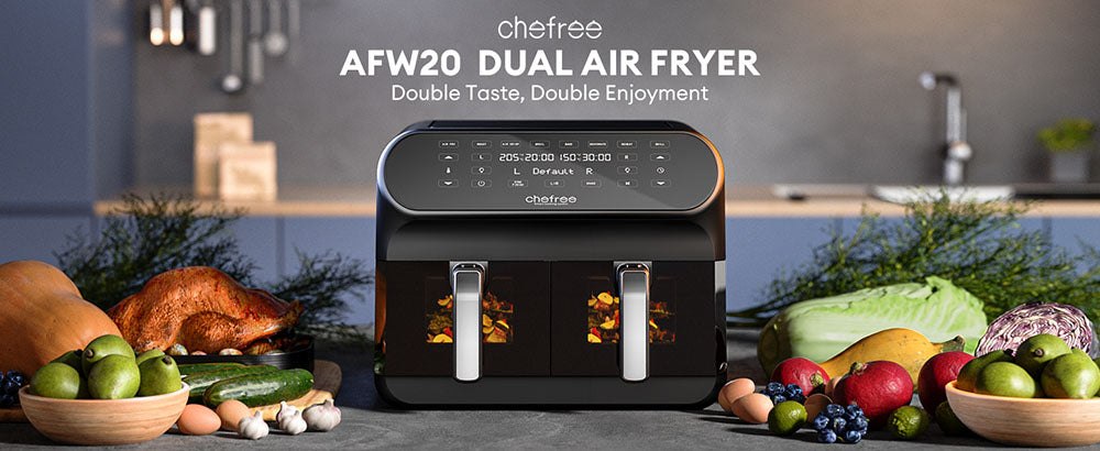 CHEFREE AFW20 Dual Air Fryer, with Viewing Window, 8L Family Sized, Nonstick, 8-in-1 Smart Programmes, Dishwasher Safe, Roast, Grill, Bake & Dehydrate