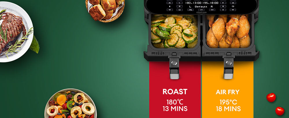 CHEFREE AFW20 Dual Air Fryer, with Viewing Window, 8L Family Sized, Nonstick, 8-in-1 Smart Programmes, Dishwasher Safe, Roast, Grill, Bake & Dehydrate