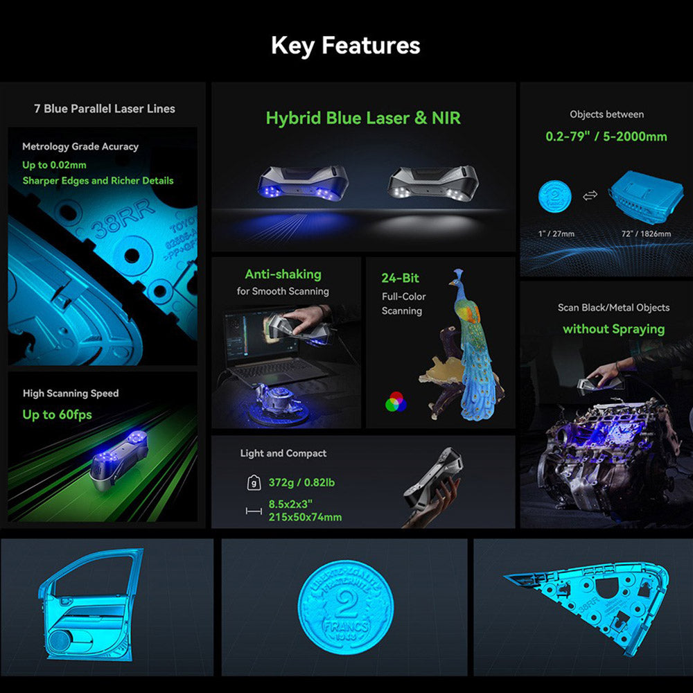 Creality Raptor 3D Scanner, Hybrid Blue Laser NIR, 60fps Scanning Speed, Objects Between 5-2000mm, 24-bit Full-Color Scan, 0.02mm Accuracy, Anti-shaking