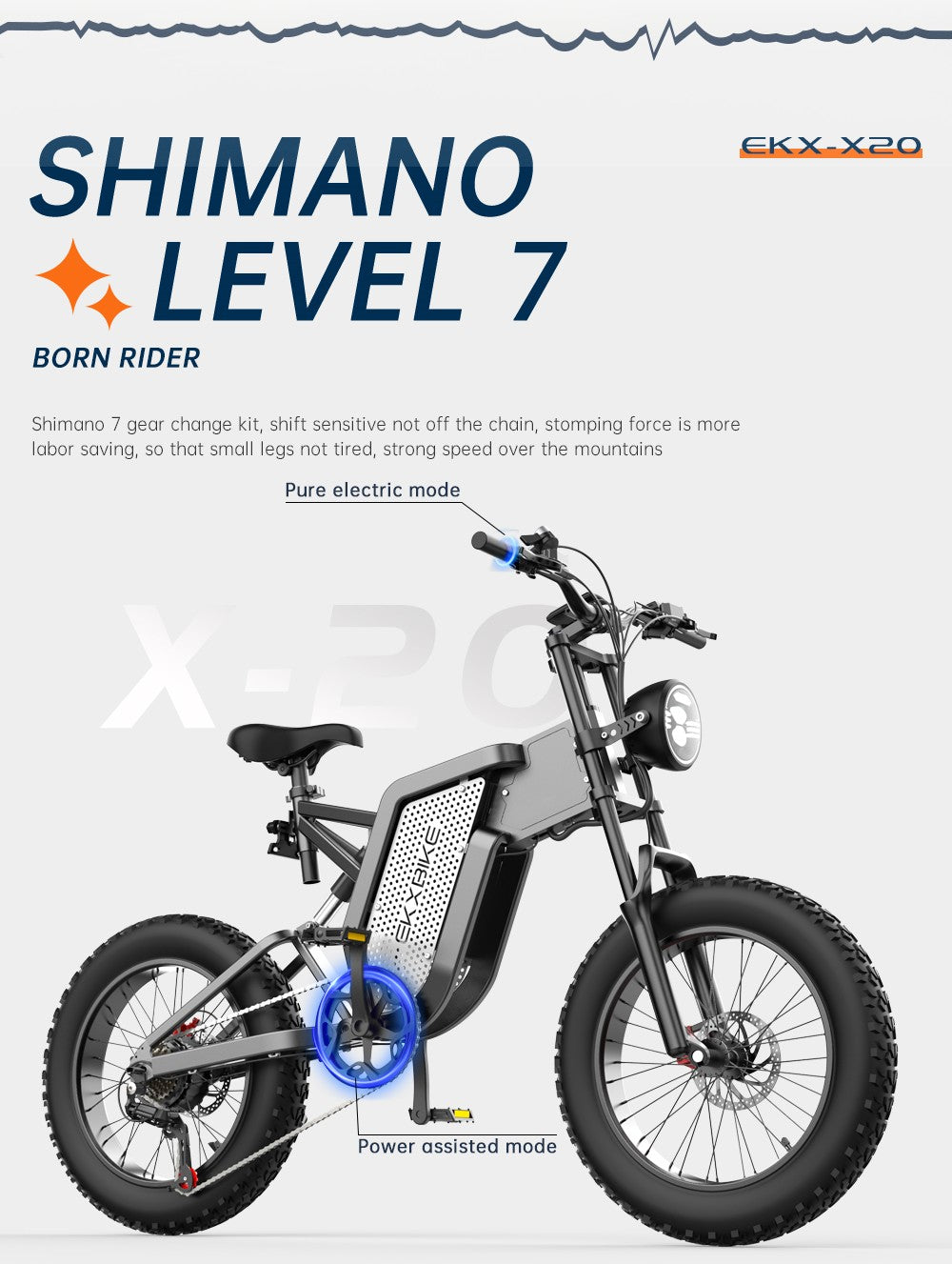 EKXBIKE X20 Electric Bike, 2000W Motor, 48V 35AH Battery, 20*4.0-inch Fat Tire, 55km/h Max Speed, 150km Range, Hydraulic Brake, Hydraulic Shock Absorber, Shimano 7-Speed