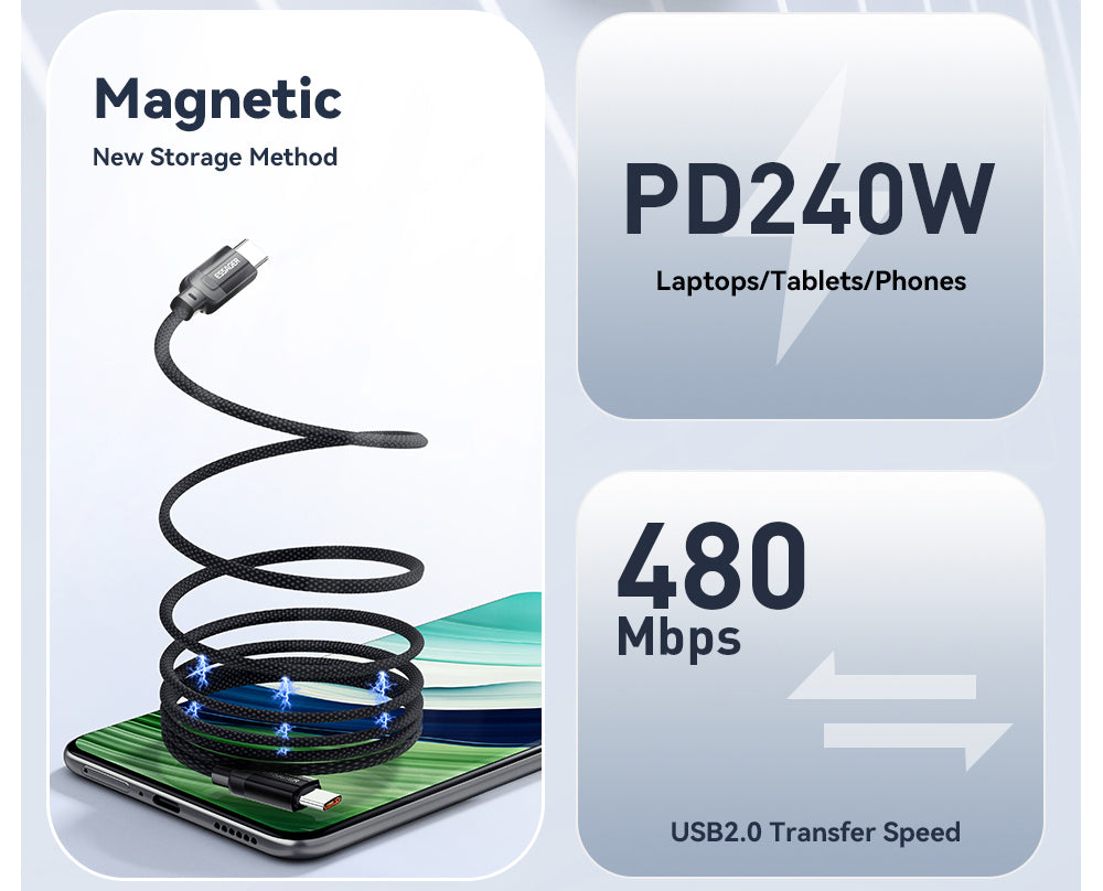 ESSAGER 100W 5A Type-C to Type-C Charging Cable, USB2.0 480Mbps, Magnetic Adsorption, Flexible Adjustment, E-Marker Chip, 1m