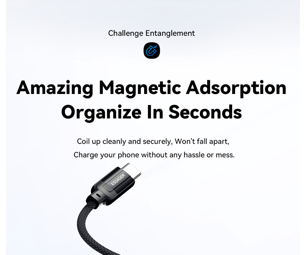 ESSAGER 100W 5A Type-C to Type-C Charging Cable, USB2.0 480Mbps, Magnetic Adsorption, Flexible Adjustment, E-Marker Chip, 1m
