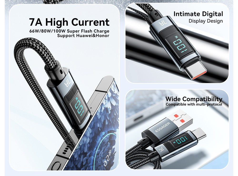 ESSAGER 100W 7A USB-A to Type-C Charging Cable, Digital Display, USB2.0 480Mbps, with Velcro, QC Protocol