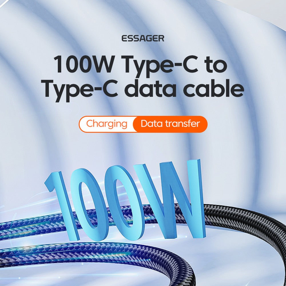 ESSAGER 100W Type-C to Type-C Data Cable, PD Fast Charging, 480Mbps Transmission Speed, for MacBook / Tablet / Huawei Samsung Mobile Phone - 1m Cable