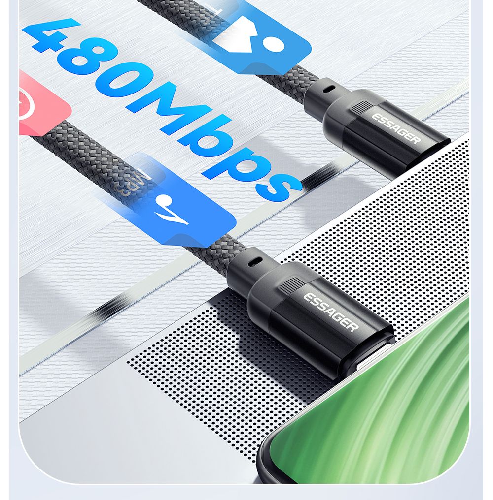 ESSAGER 240W 5A Type-C to Type-C Charging Cable, USB2.0 480Mbps, Magnetic Adsorption, Flexible Adjustment, E-Marker Chip, 1m