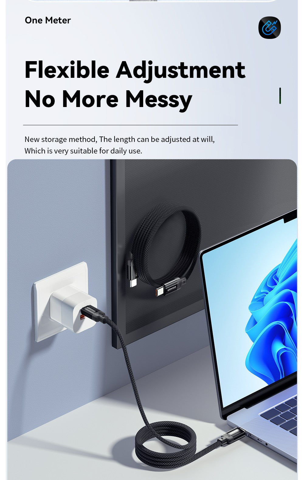 ESSAGER 240W 5A Type-C to Type-C Charging Cable, USB2.0 480Mbps, Magnetic Adsorption, Flexible Adjustment, E-Marker Chip, 1m