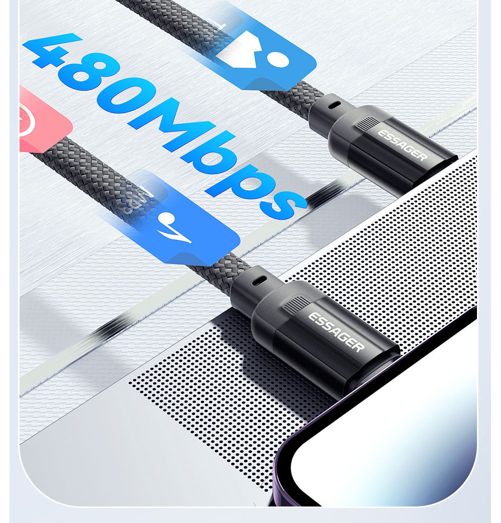 ESSAGER 29W 3A Type-C to Lightning Charging Cable, USB2.0 480Mbps, Magnetic Adsorption, Flexible Adjustable, Smart Chip, 1m