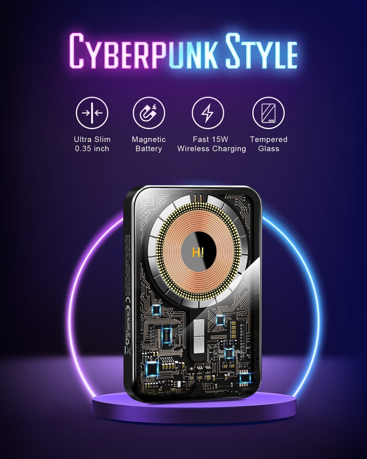 HINOVO MB1-5000xb Wireless Portable Charger, 5000mAh Magnetic Wireless Power Bank, PD 20W Fast Charging, Cyberpunk Style