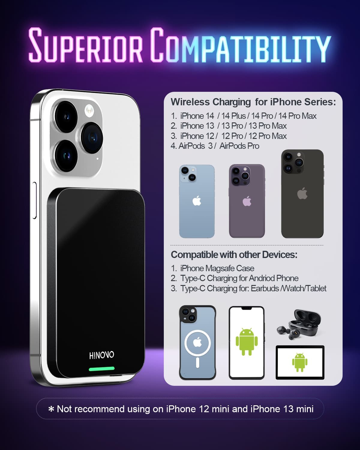 HINOVO MB1-5000xb Wireless Portable Charger, 5000mAh Magnetic Wireless Power Bank, PD 20W Fast Charging, Cyberpunk Style