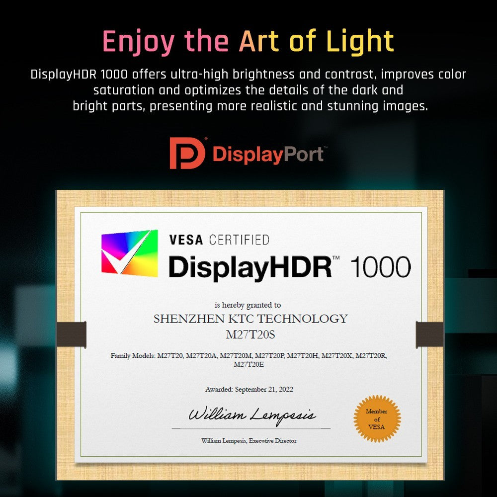 KTC M27T20 27 inch Mini-LED Gaming Monitor, 2560x1440 2K QHD 165Hz HVA 1ms MPRT Response Time Quantum Dot Tech HDR 1000, Compatible with FreeSync G-Sync, Built-in Speakers Ambient Light, USB3.0 UpStream 2xHDMI2.0 DP1.4 90W Type-C Audio KVM Wall Mount