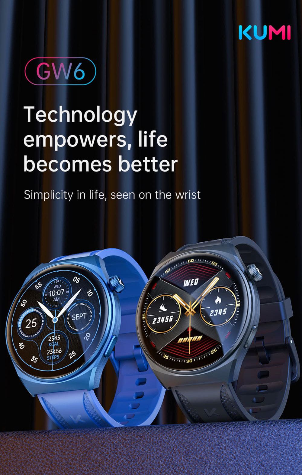 KUMI GW6 Smartwatch, 1.43-inch AMOLED HD Screen, Al Voice Function, Sleep Heart Rate Monitoring, Bluetooth Calling - Black