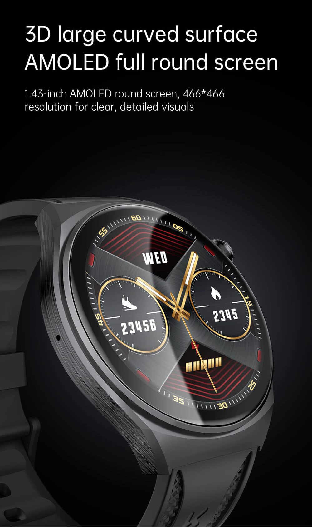 KUMI GW6 Smartwatch, 1.43-inch AMOLED HD Screen, Al Voice Function, Sleep Heart Rate Monitoring, Bluetooth Calling - Black