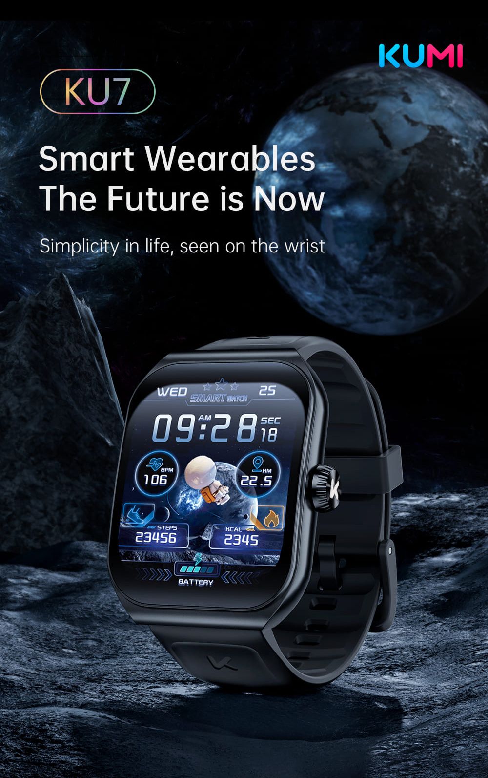 KUMI KU7 Smartwatch, 1.96'' AMOLED Screen, Bluetooth Calling, Health Monitoring, Stock Market Information, 100 Sports Modes - Black