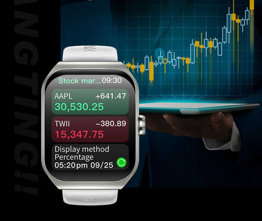 KUMI KU7 Smartwatch, 1.96'' AMOLED Screen, Bluetooth Calling, Health Monitoring, Stock Market Information, 100 Sports Modes - Black