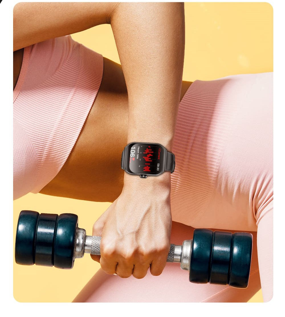 KUMI KU7 Smartwatch, 1.96'' AMOLED Screen, Bluetooth Calling, Health Monitoring, Stock Market Information, 100 Sports Modes - Black