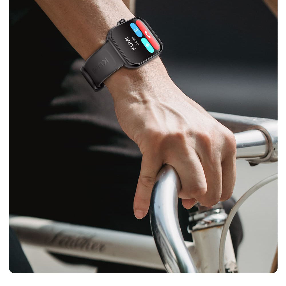 KUMI KU7 Smartwatch, 1.96'' AMOLED Screen, Bluetooth Calling, Health Monitoring, Stock Market Information, 100 Sports Modes - Black