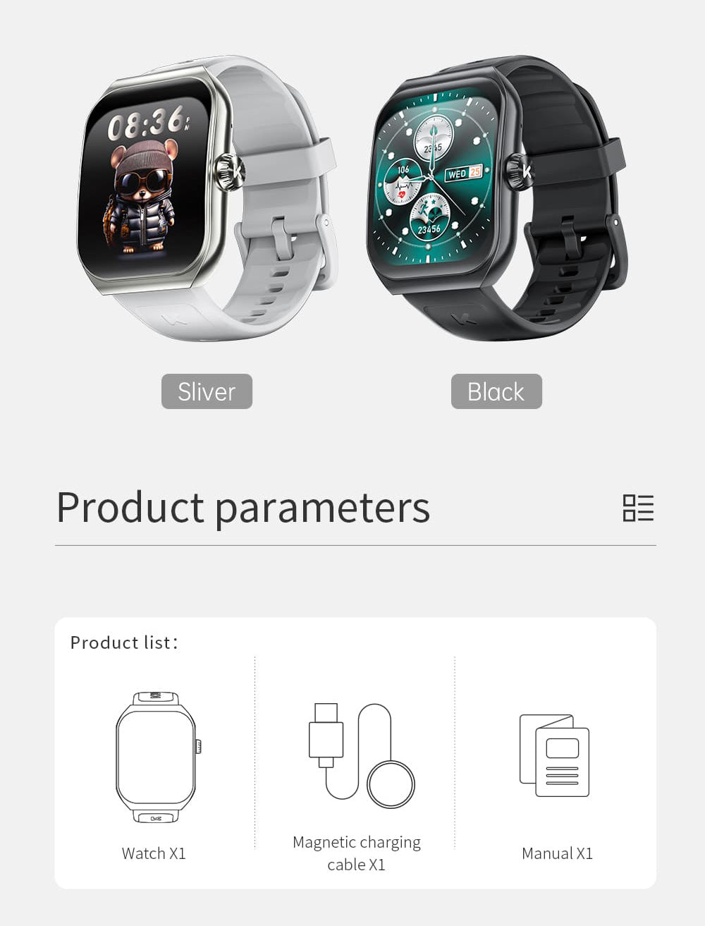 KUMI KU7 Smartwatch, 1.96'' AMOLED Screen, Bluetooth Calling, Health Monitoring, Stock Market Information, 100 Sports Modes - Black