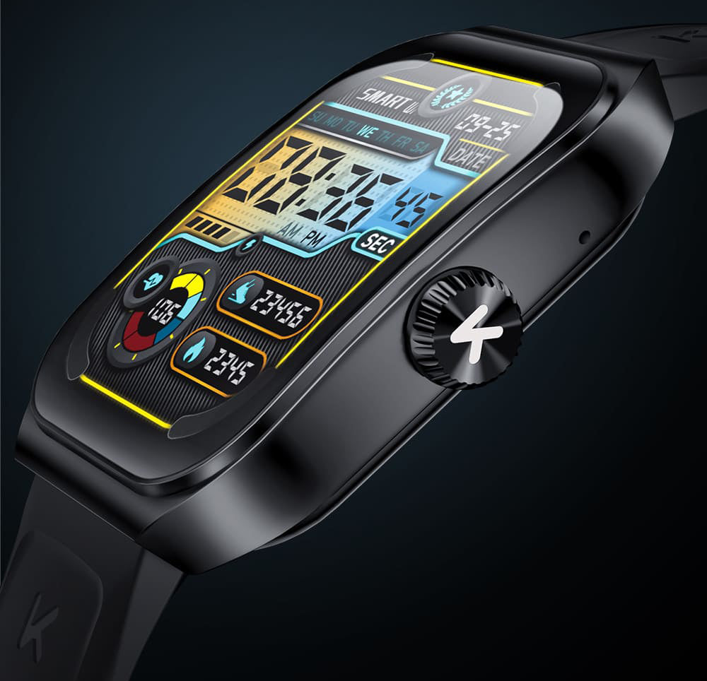 KUMI KU7 Smartwatch, 1.96'' AMOLED Screen, Bluetooth Calling, Health Monitoring, Stock Market Information, 100 Sports Modes - Black