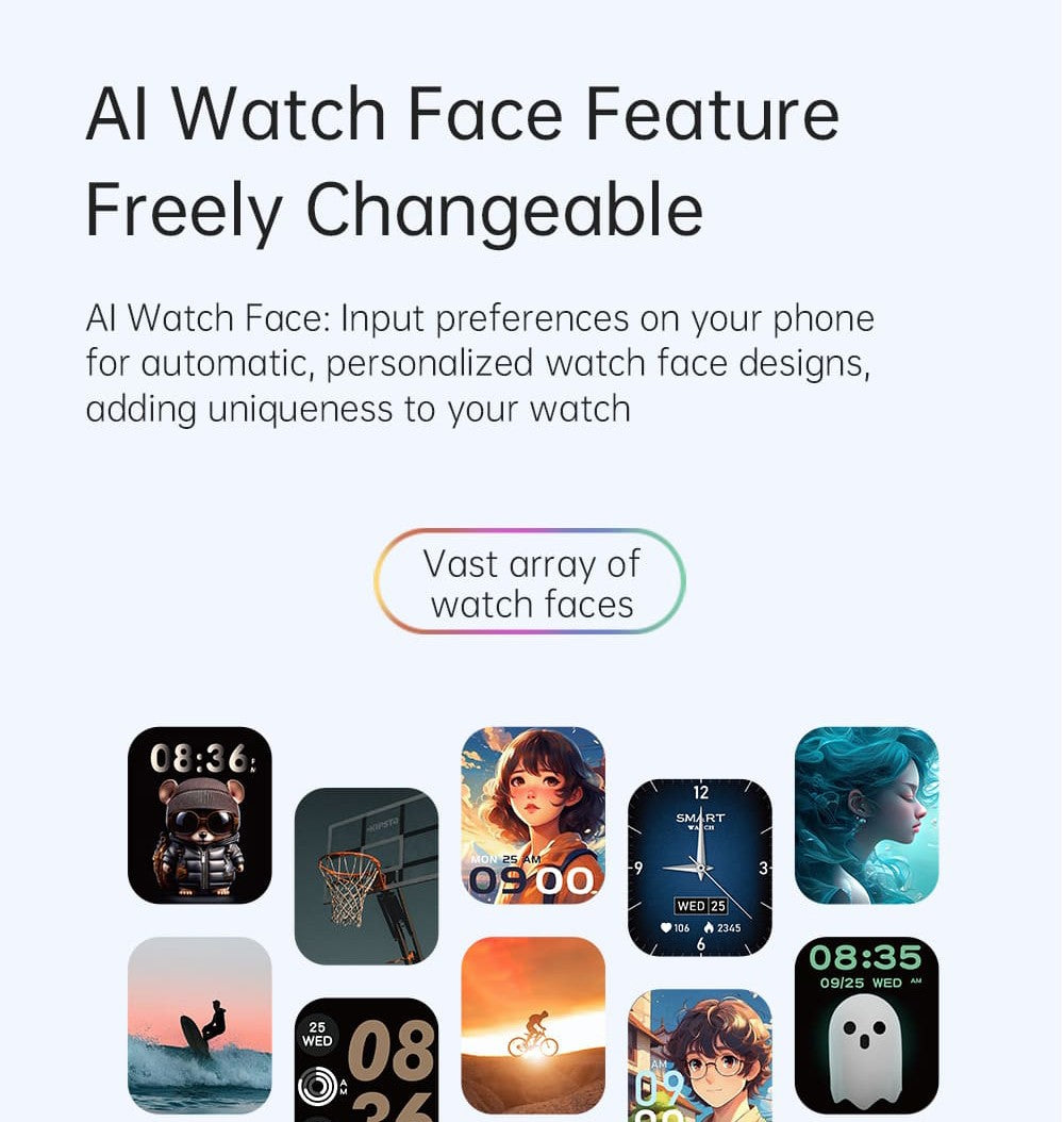 KUMI KU7 Smartwatch, 1.96'' AMOLED Screen, Bluetooth Calling, Health Monitoring, Stock Market Information, 100 Sports Modes - Black